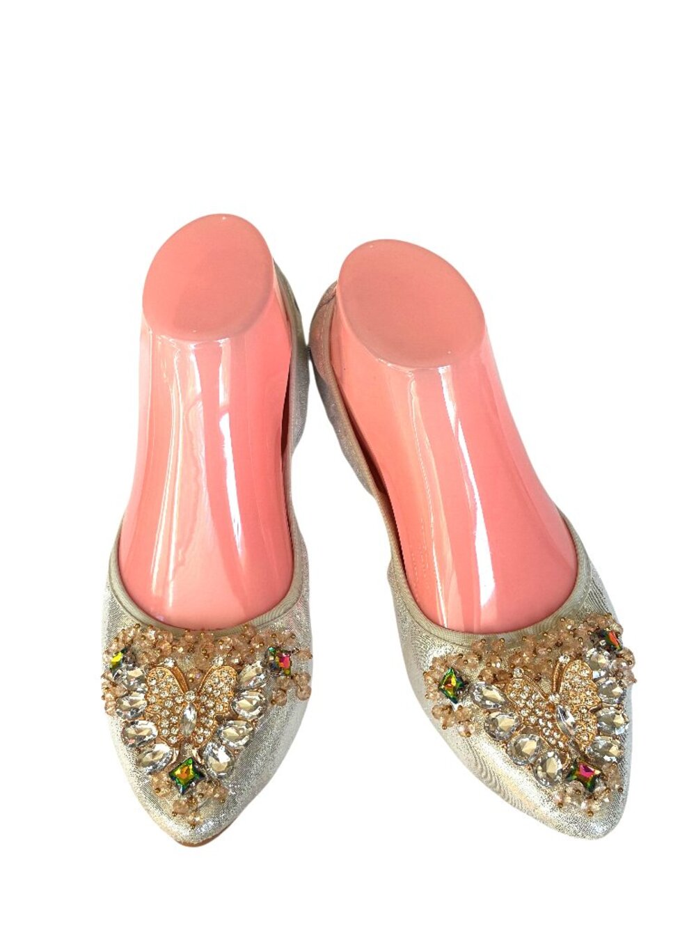 Glam Rhinestone Embellishments Butterfly Silver Ballerina Foldable Shoes Sz 8